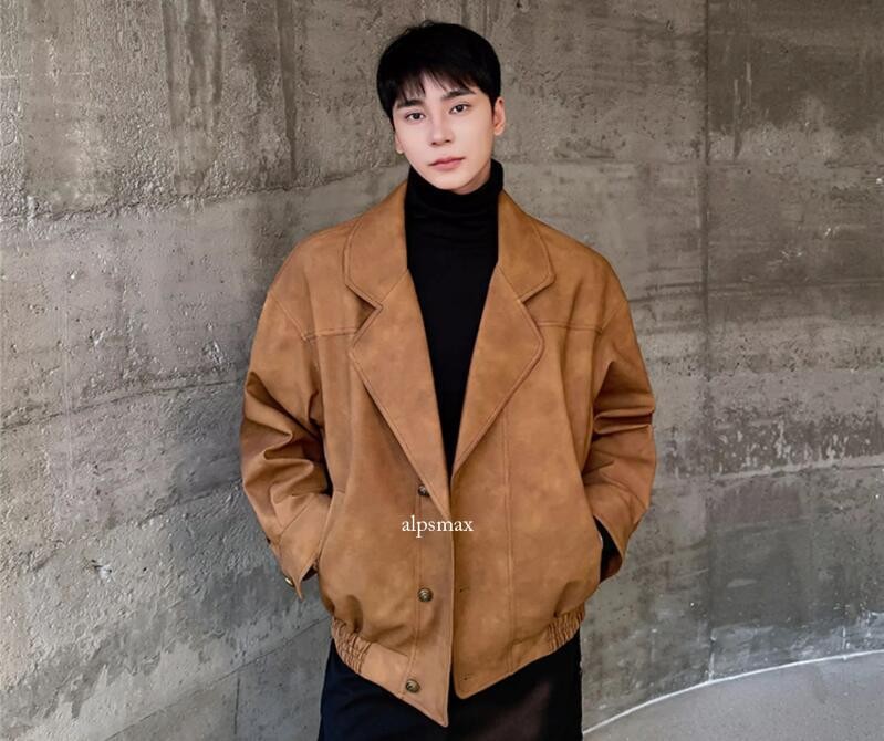 Men's Fashion Winter Retro Lapel Long Sleeve Loose Faux Leather Jacket Coats