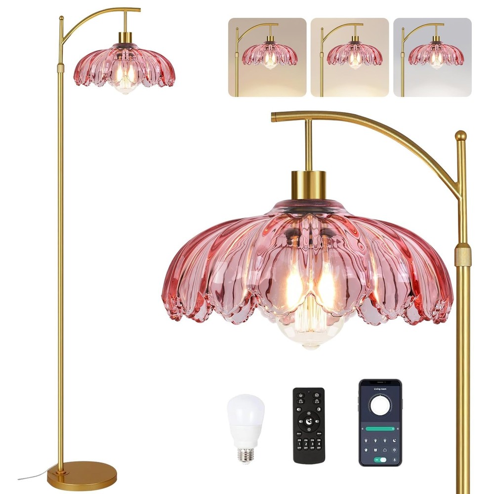 Pink Floor Lamp for Living Room,Bedroom,Gold Dimmable Standing Lamp with Remo...