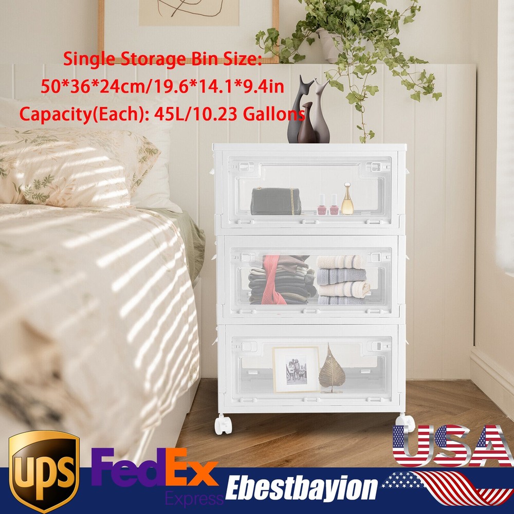 3Pcs Large Clear Plastic Storage Organizer w/Lid Wheels Stackable Shoe Boxes Bin