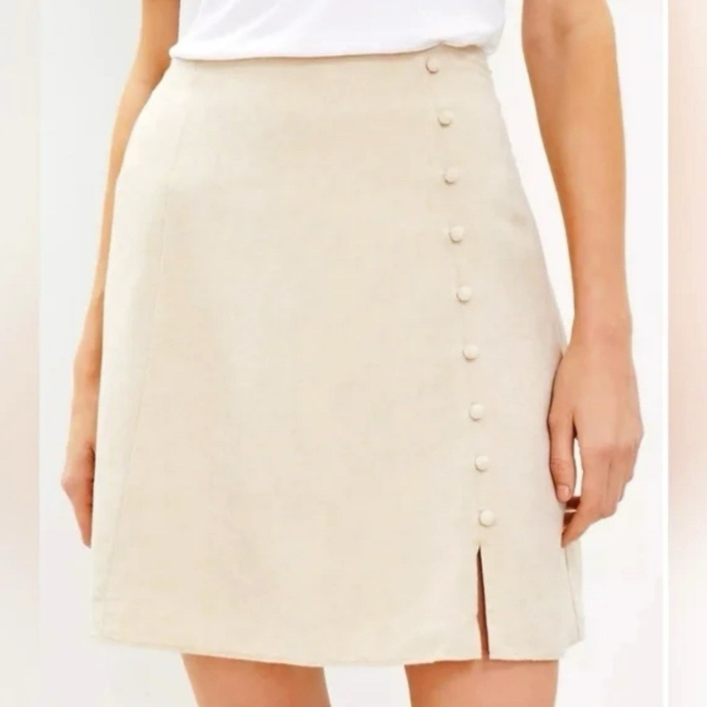 NEW Loft Button Trim Linen Blend Slit Mini Skirt Nomad Khaki Women’s Size 14