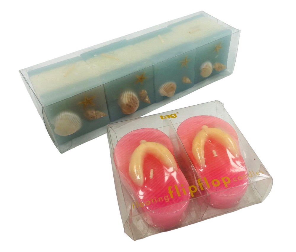 Lot of Wax Candles Sea Shells & Set of Flip Flop Sandals in Box 4 Squares