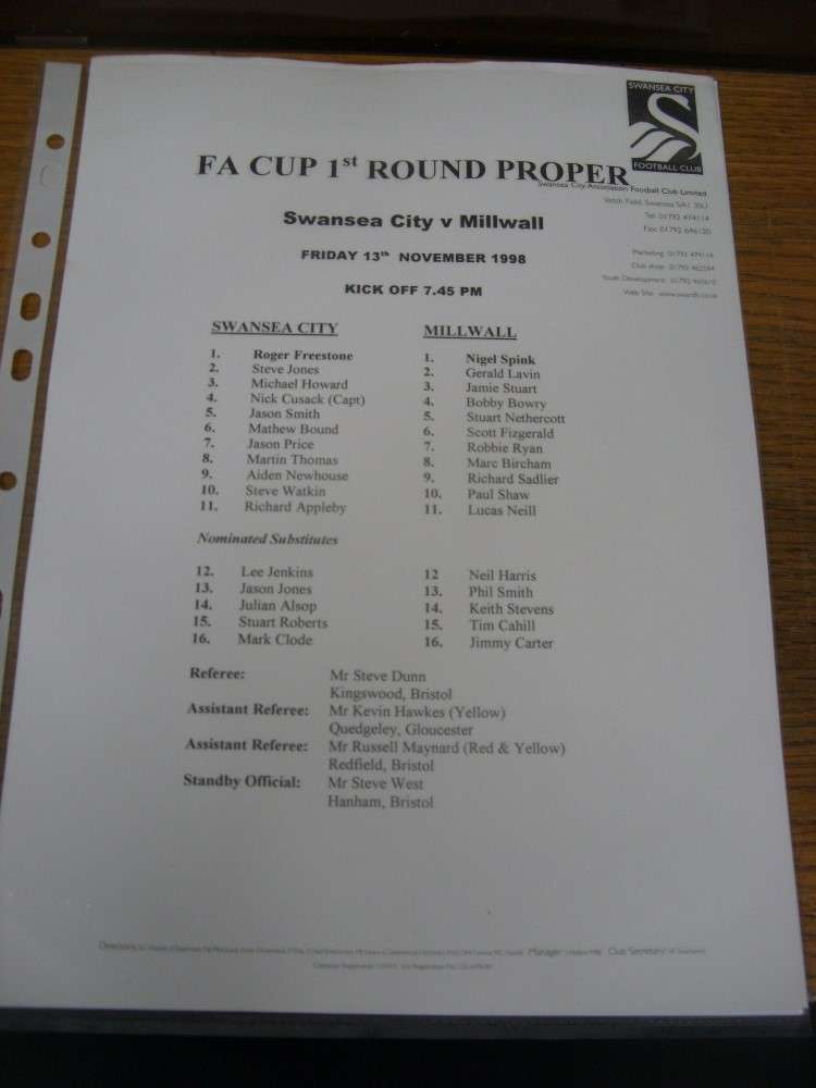 13/11/1998 Teamsheet: Swansea City v Millwall [FA Cup] (Single Sheet, Black & Wh