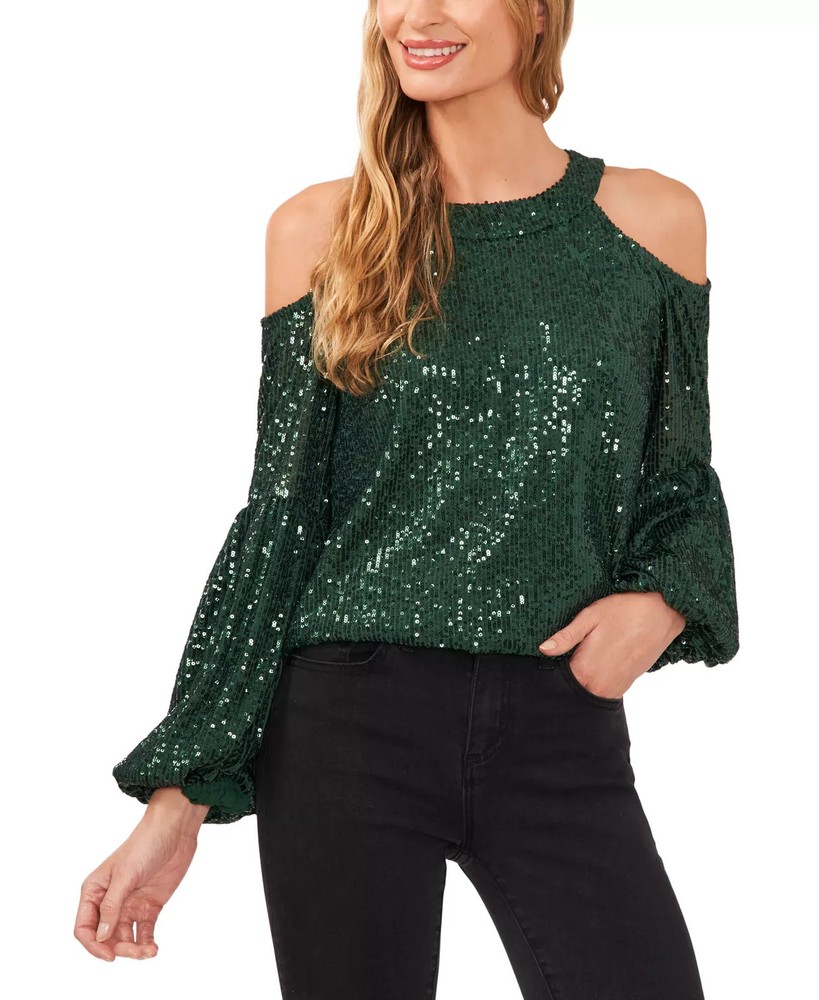CeCe Women's Top Sz M Sequined Long Sleeve Cold-Shoulder Blouse