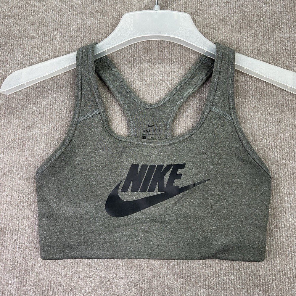Nike Sports Bra Women's Small Gray Center Classic Swoosh Racer Dri-Fit Athletic