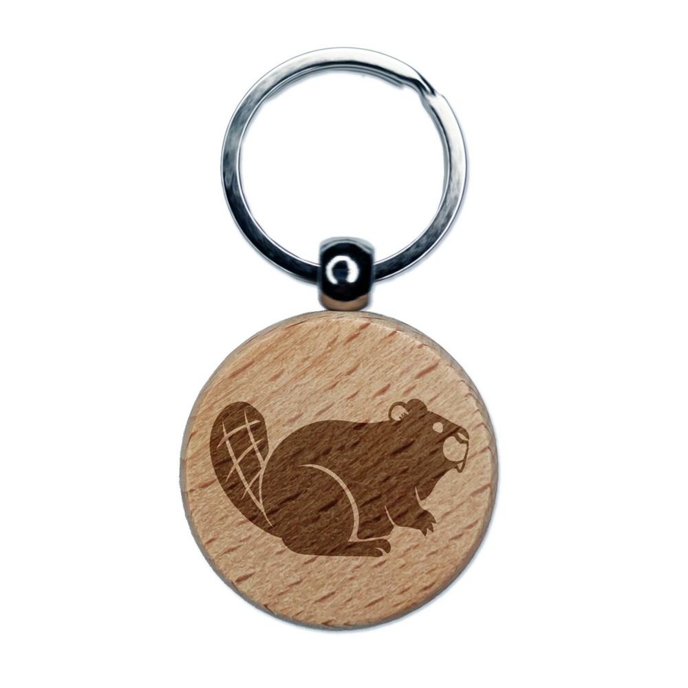 Friendly Beaver Buddy Engraved Wood Round Keychain Tag Charm