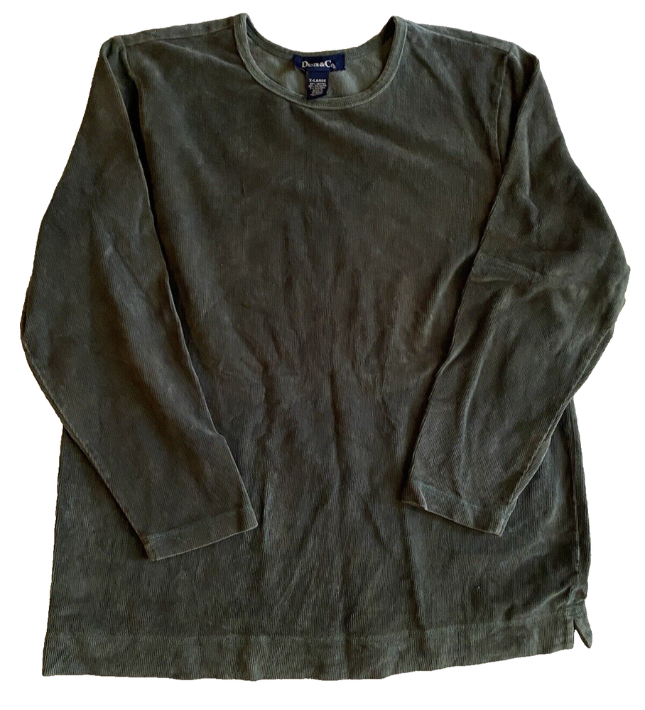 Denim & Co Top Womens XL Extra-Large Green Long Sleeve Pullover Velour Shirt