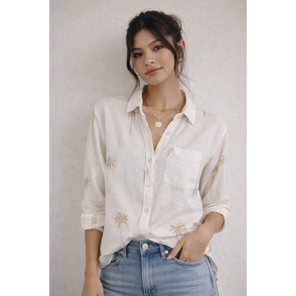 Rails Charli White Gold Metallic Palm Tree Linen Blend Button Down Shirt M