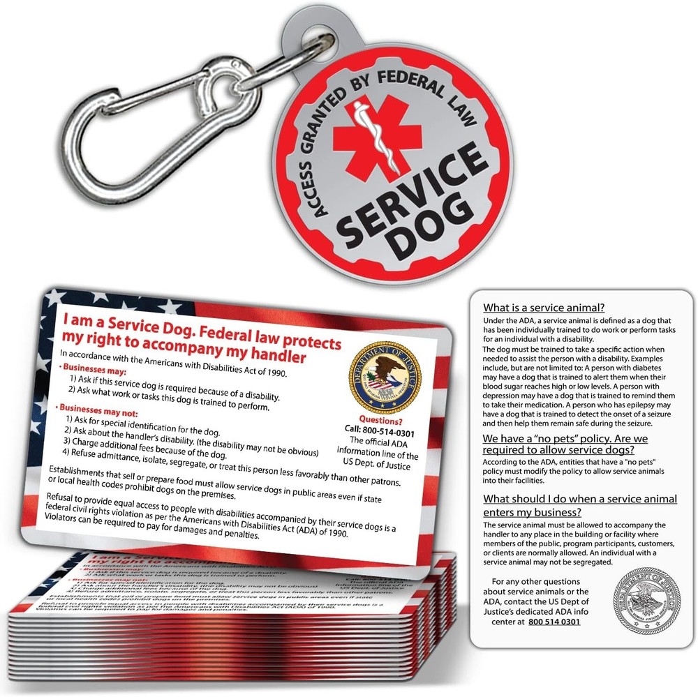 Service Dog ID Tag + 50 ADA Information Cards - Metal Dog Tag is Double-Sided