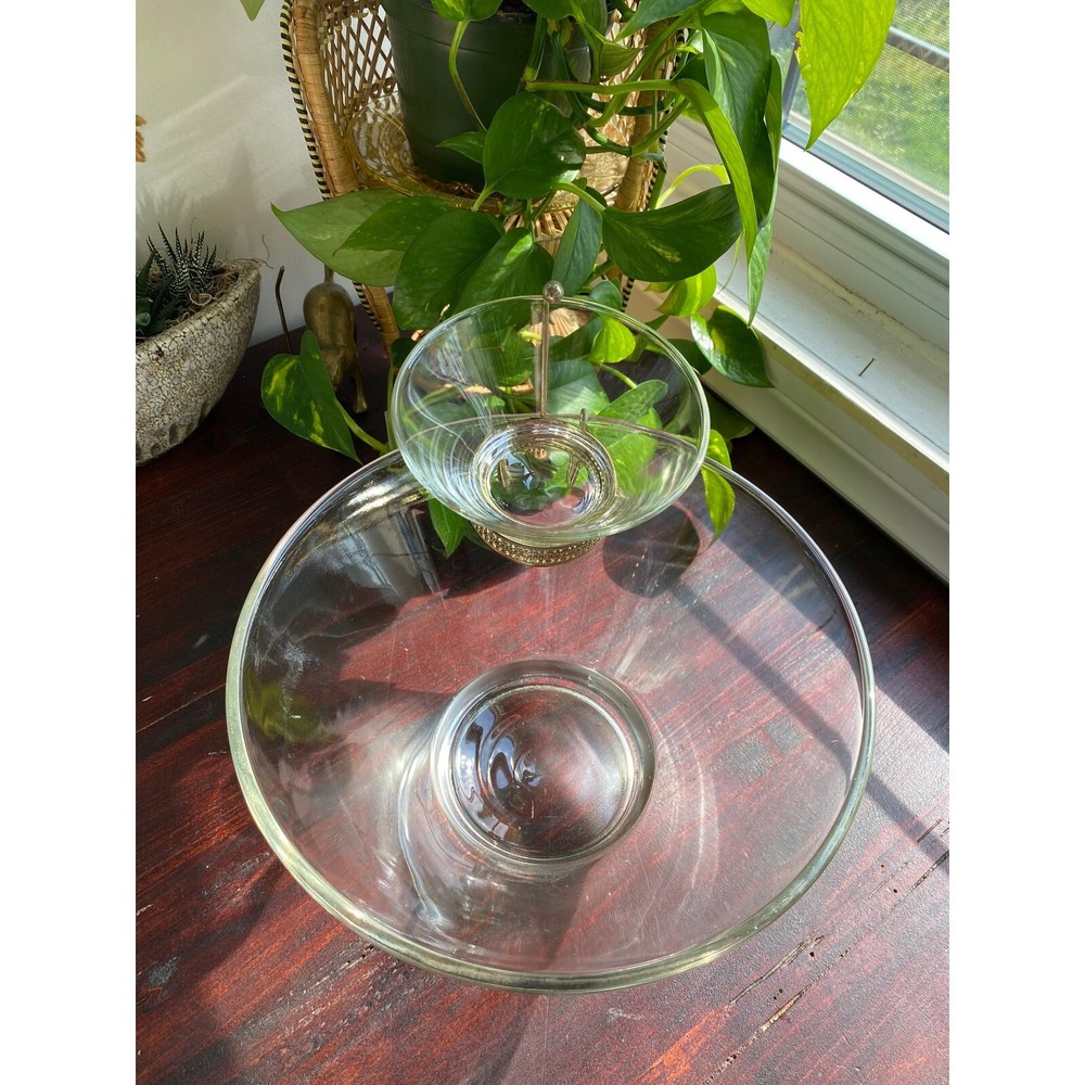 Vintage Anchor Hocking Clear Glass Chip and Dip Bowl Set with Gold Clip