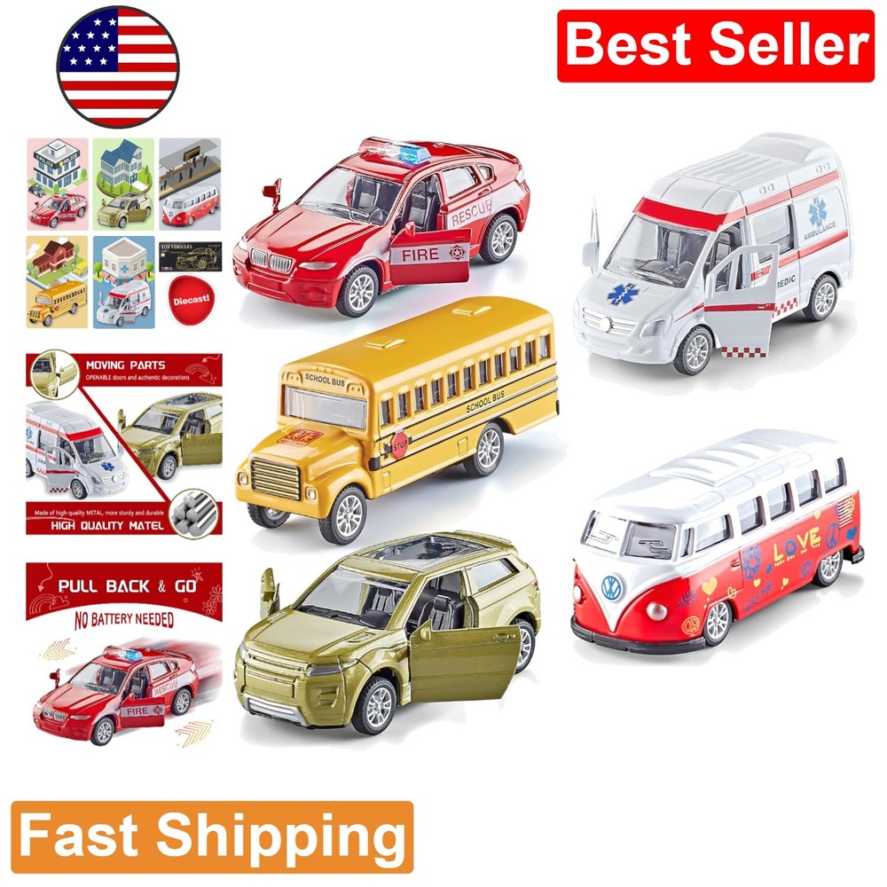 Die-Cast Metal Toy Cars - Set of 5 with Openable Doors - Friction Powered