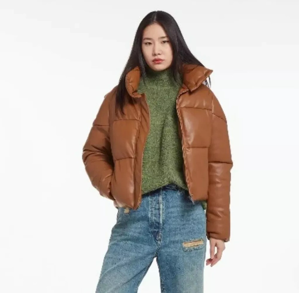 Women's Vegan Leather Mocha Puffer Jacket