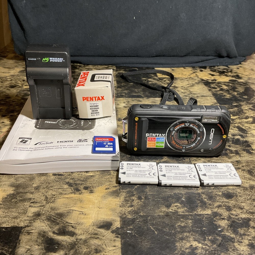 Pentax Optio W90 12.1MP Waterproof Digital Camera Black with Accessories