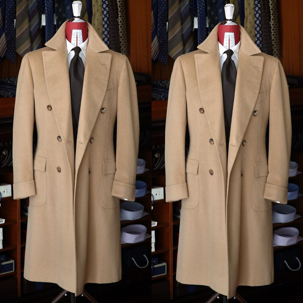 Khaki Wool Men's Overcoat Winter Long Suit Double Breasted Warm Tuxedo Jacket