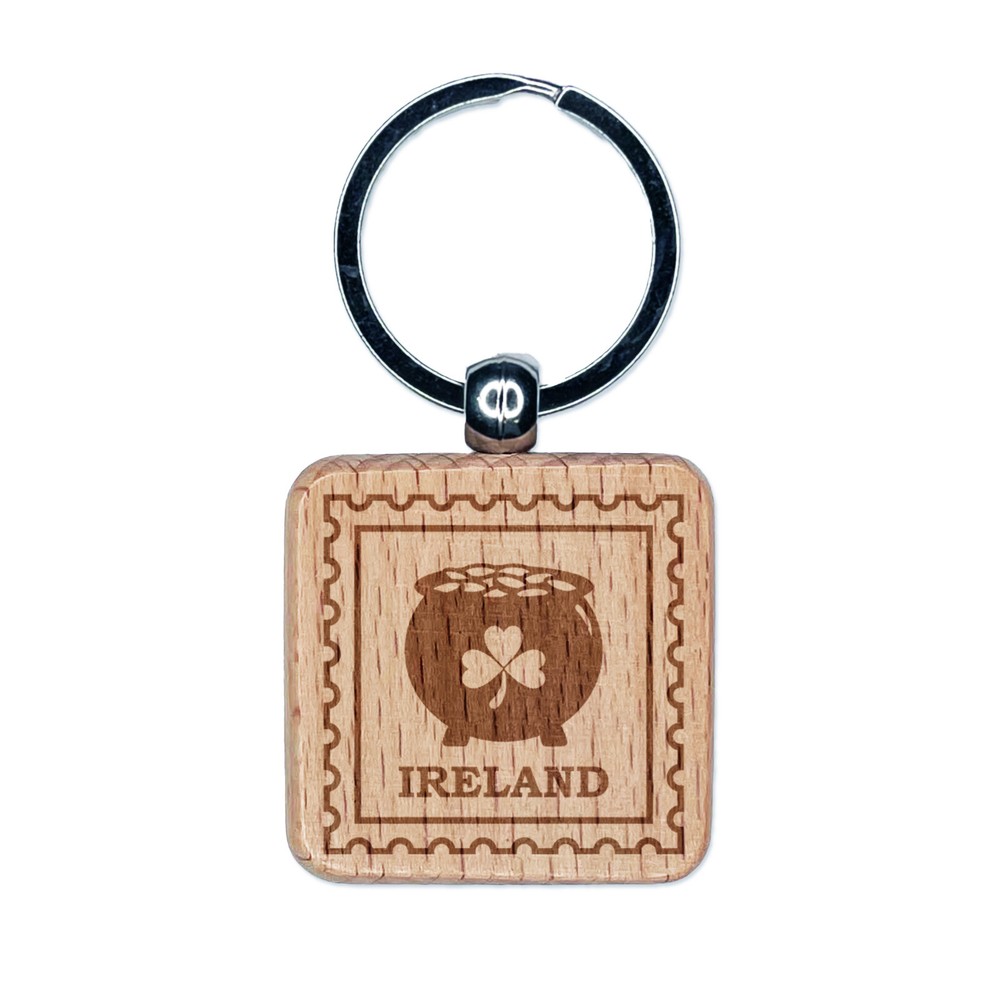 Ireland Travel Pot of Gold Shamrock Leprechaun Engraved Wood Square Keychain