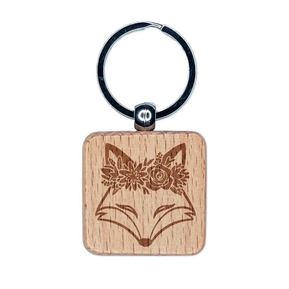 Fox Flower Crown Engraved Wood Keychain Charm  