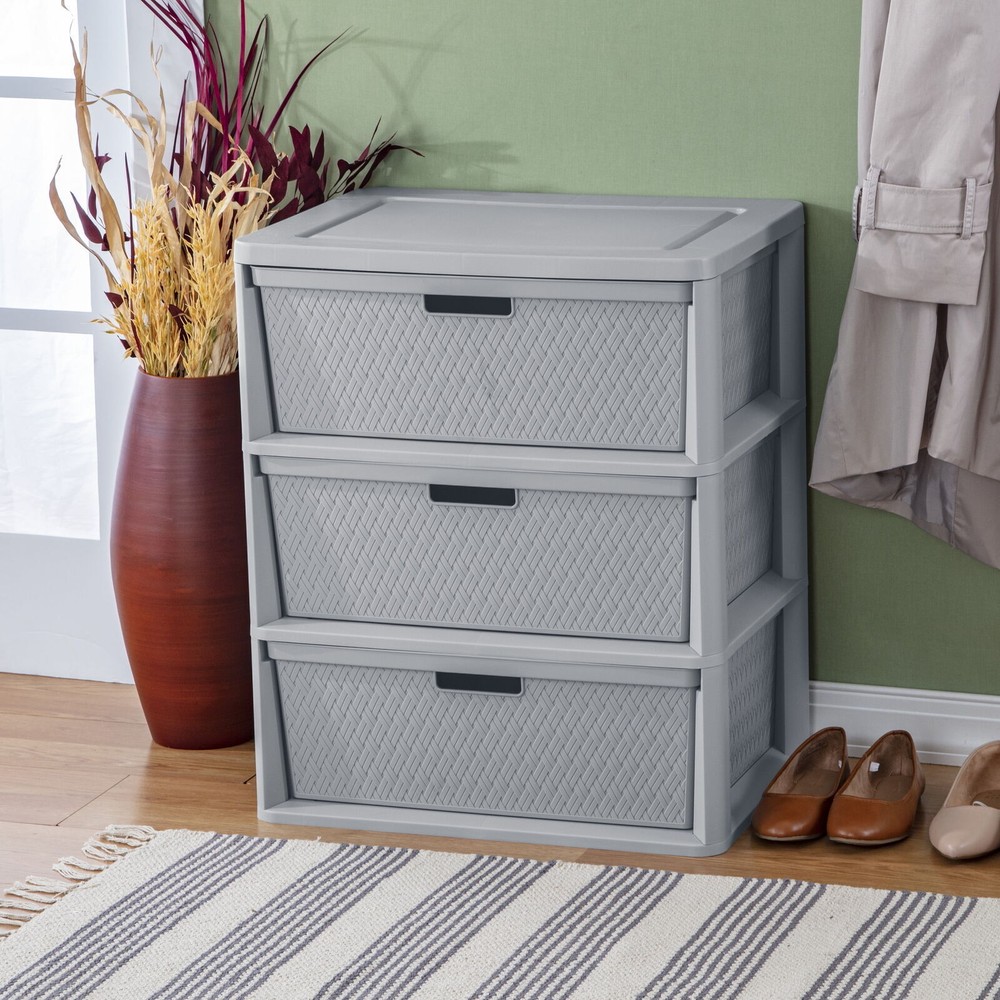 Storage organization，Sterilite Wide 3 Drawer Cross-Weave Tower Cement