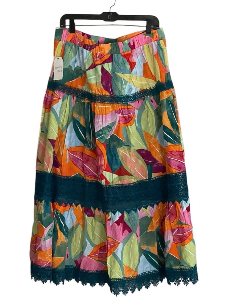 Time and Tru Women’s L (12-14) Tropical Lace Trim Tiered Maxi Skirt Multicolor