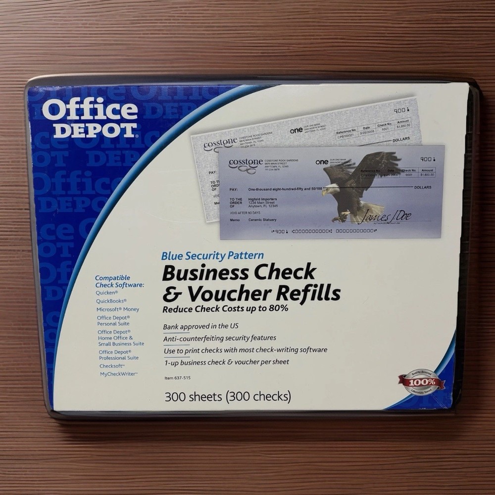Office Depot 300 Business Check & Voucher Refills Use w/ Quickbooks Checksoft +-image