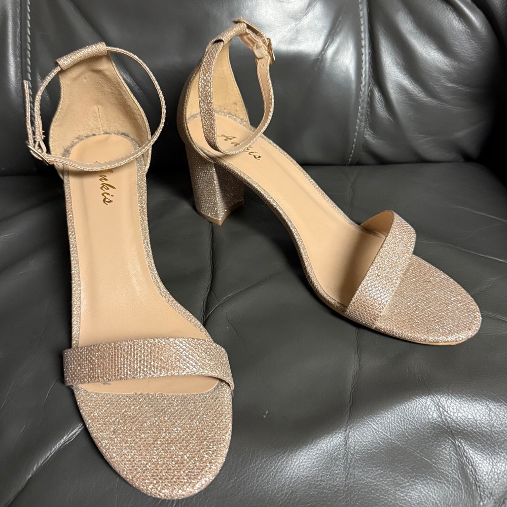 Sparkly gold block heels with adjustable strap in women's size 9.5 medium