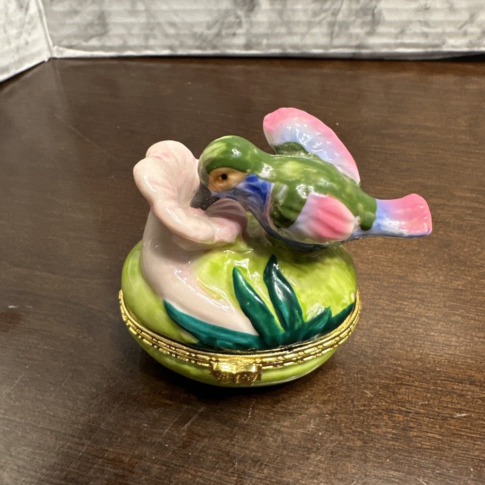 Vintage Hummingbird Porcelain Hinged Jewelry Trinket Box