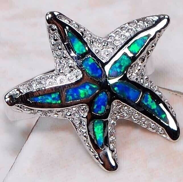 Australian Opal Inlay Sterling Silver Starfish Ring Size 6 TD2