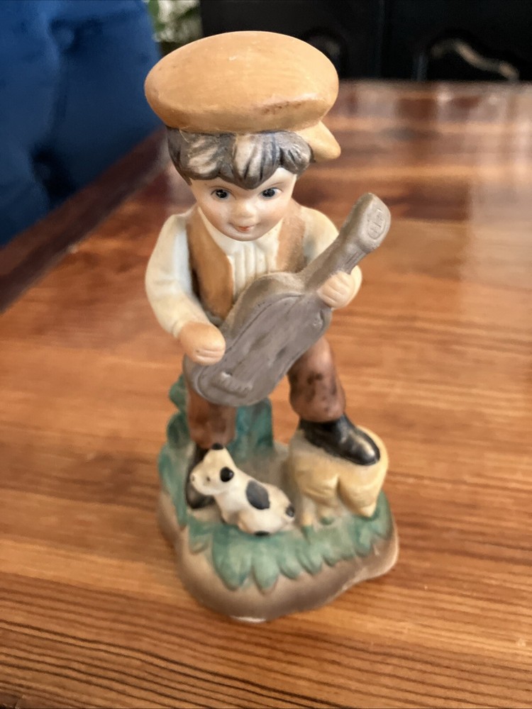 Porcelain Bisque Musician Boy With Dog Figurine, 5”