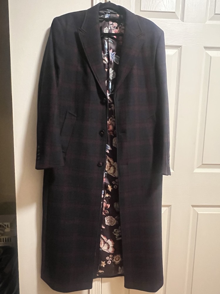 Men's Classic-Fit Wool Blend Navy Blue/Burgundy Overcoat Size 36R