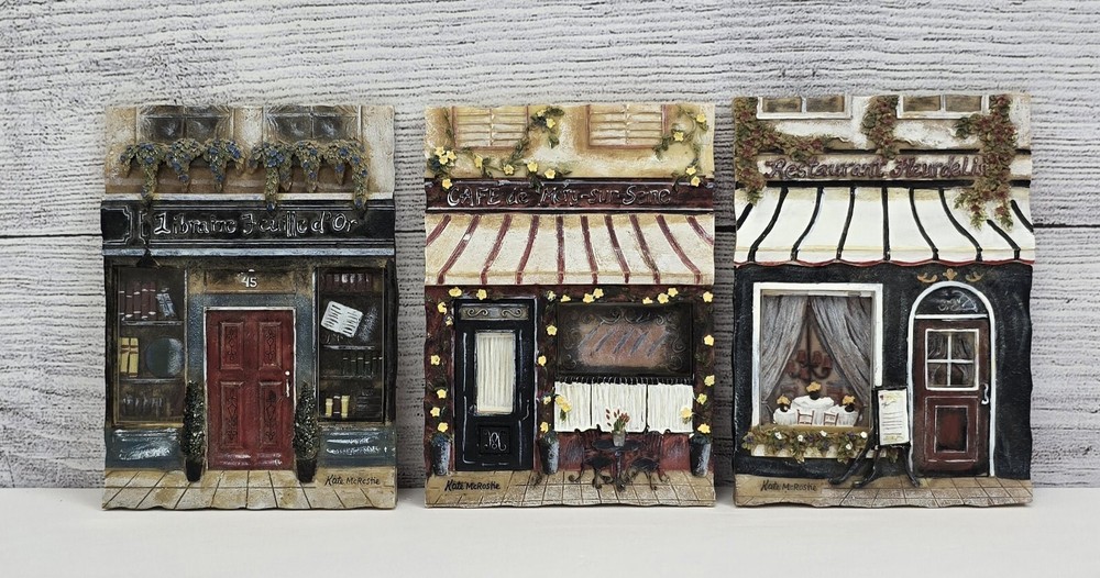 Lot of 3 Kate McRostie French Paris Store Fronts Resin 3D Art Wall Plaques