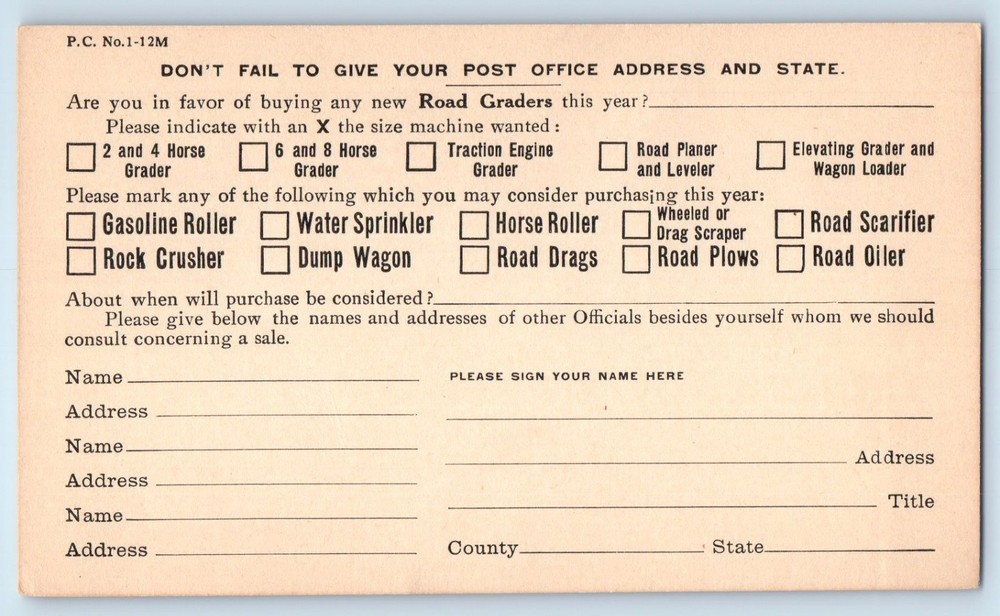 Road Grader Machinery Survey Form Austin Western Road Machinery Co. Postal Card