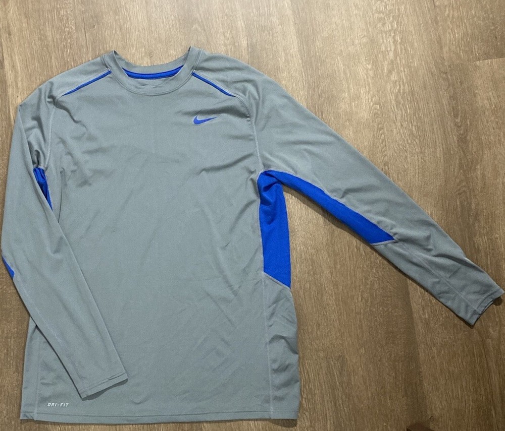 Mens Large NIKE Dri-Fit Performance Legacy Active Sportswear L/S Shirt Grey/Blue