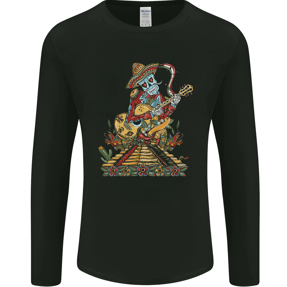 Mariachi Sugar Skull Day of the Dead Guitar Mens Long Sleeve T-Shirt
