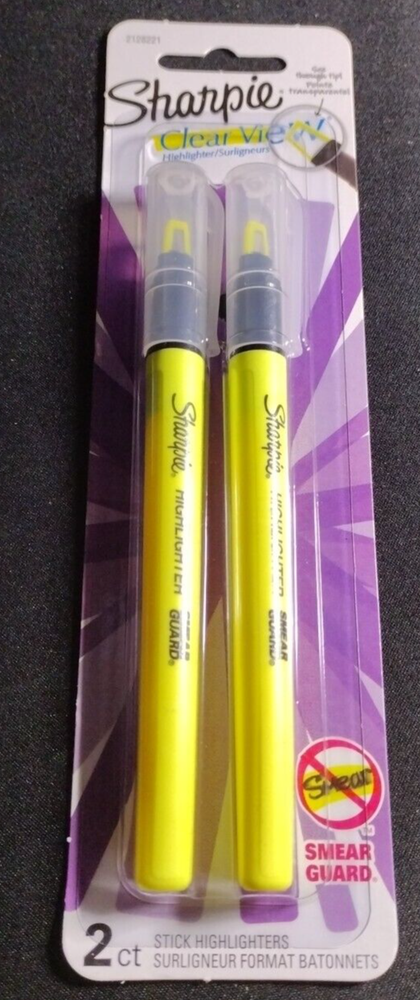 Sharpie Clear View Highlighter Stick  Yellow  Smear Guard ink Bright 2 Pack New