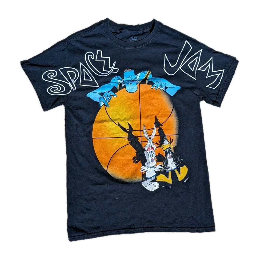 Space Jam Black Small Crew Neck T-Shirt with Bugs Bunny AOP Design  