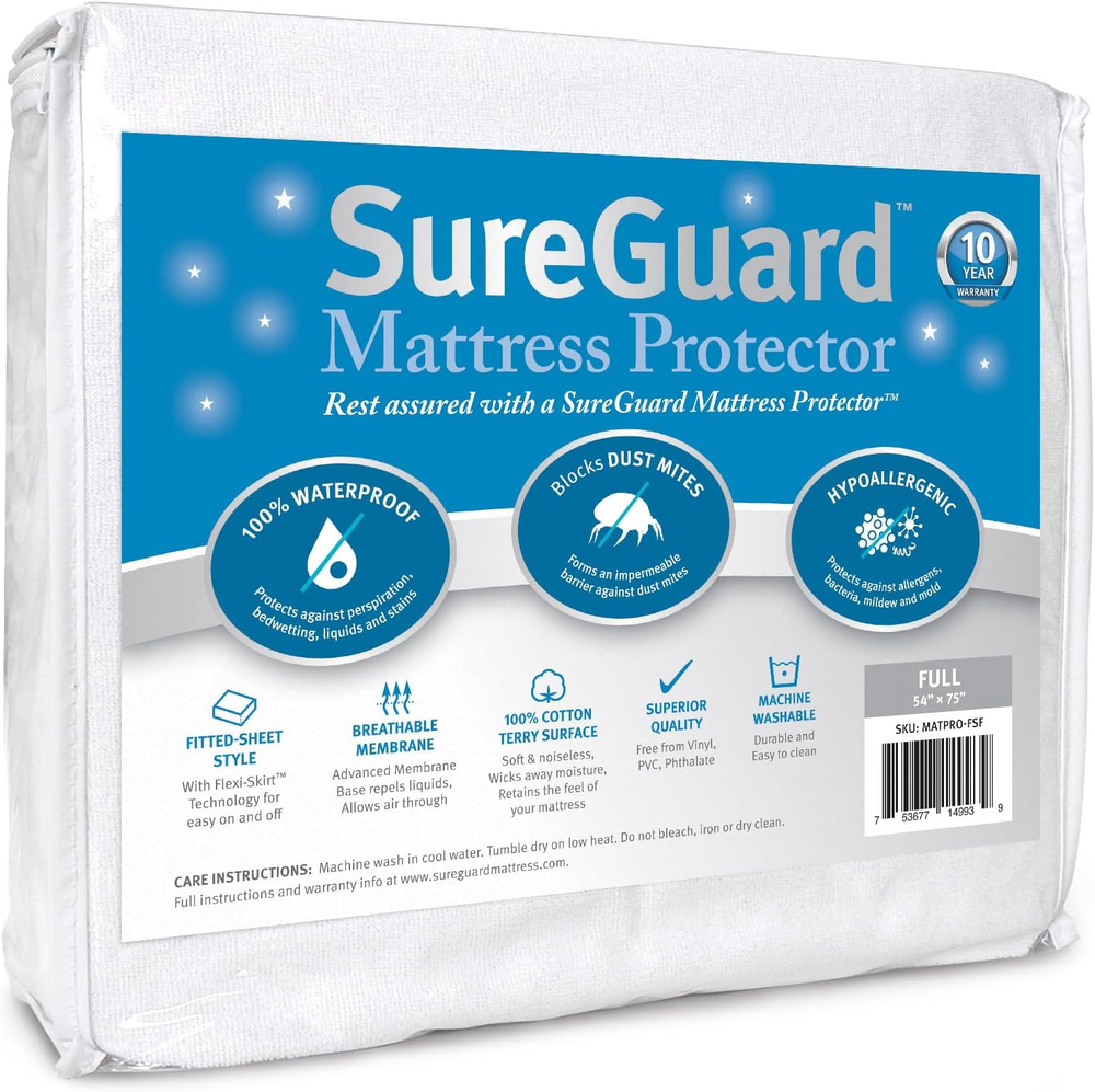 Sureguard Full Size Mattress Protector - 100% Waterproof, Hypoallergenic - Premi