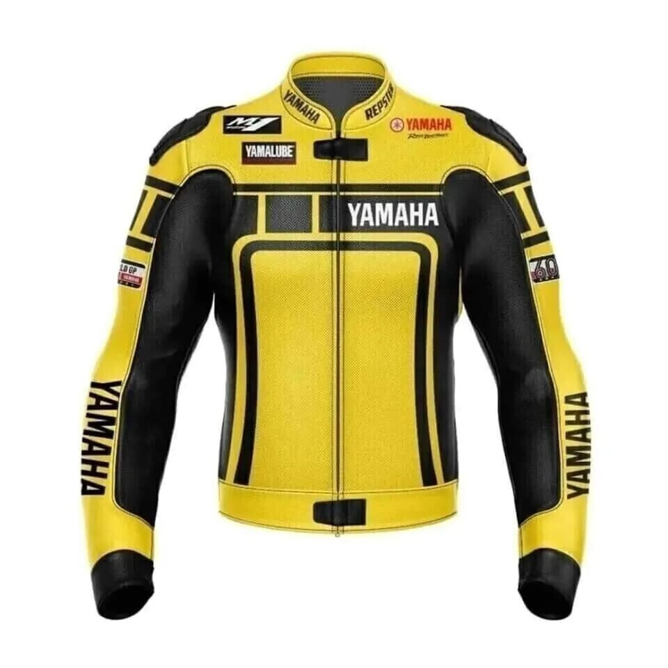Yellow Yamaha Racing Leather Jacket with Protective Padding for Motorcycles