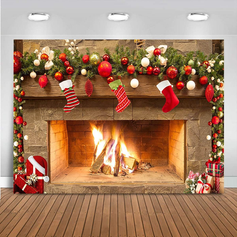 Christmas Fireplace Theme Backdrop for Photography Xmas Tree Sock Gift Family Pa