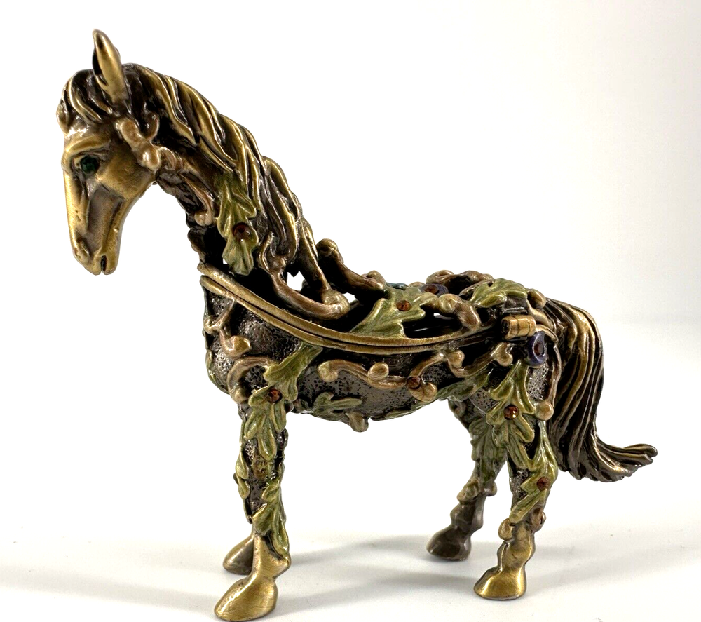 VTG CLOISONNE Horse Trinket Box Brass Jeweled Japan 4