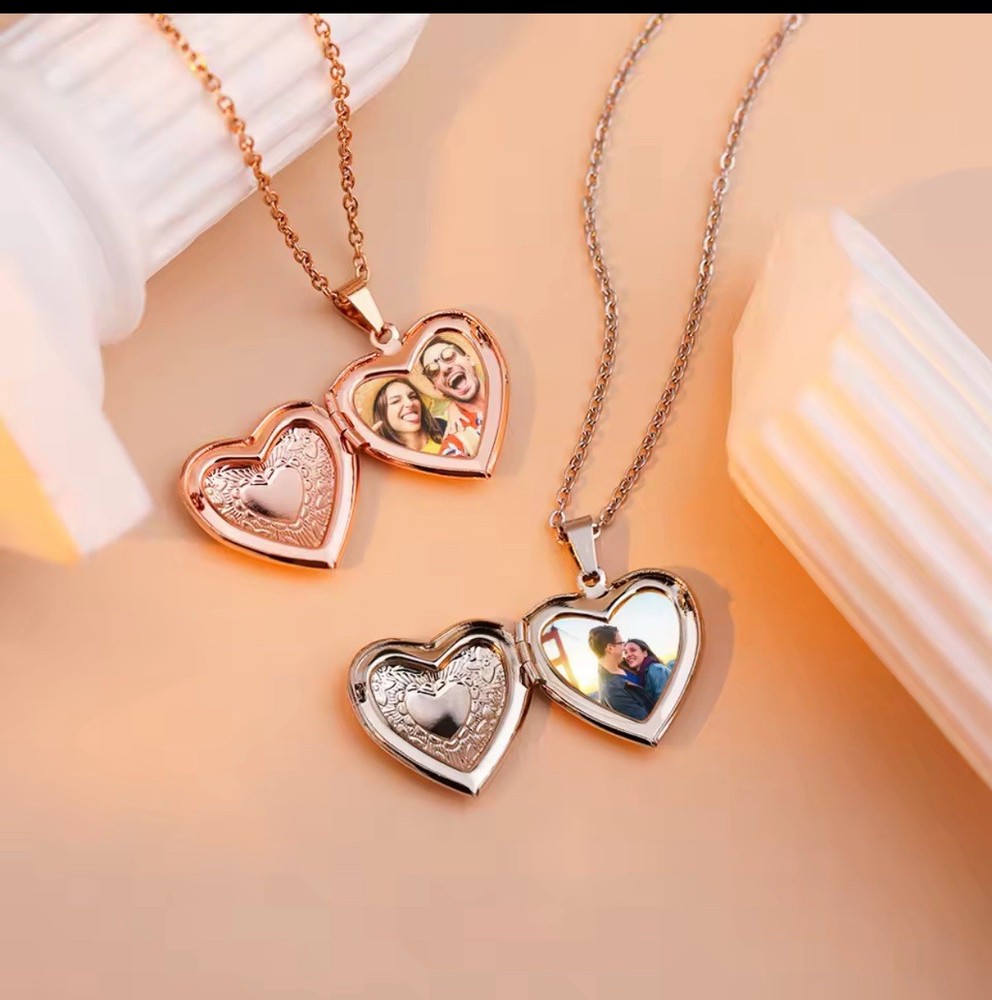 Personalized Crystal Heart Locket Necklace with Engraved Photo & Message