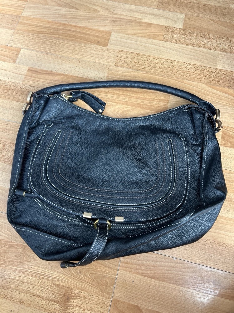 Auth Chloe Marcie Medium Top Handle Black Leather Luxe Purse Saddle Bag Satchel