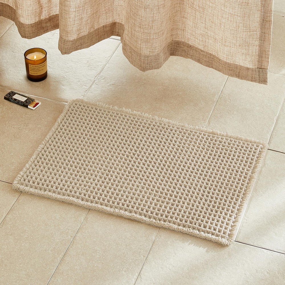 Beige Waffle Weave Non-Slip Bath Mat Super Absorbent Quick Dry Washable Bathroom Rug