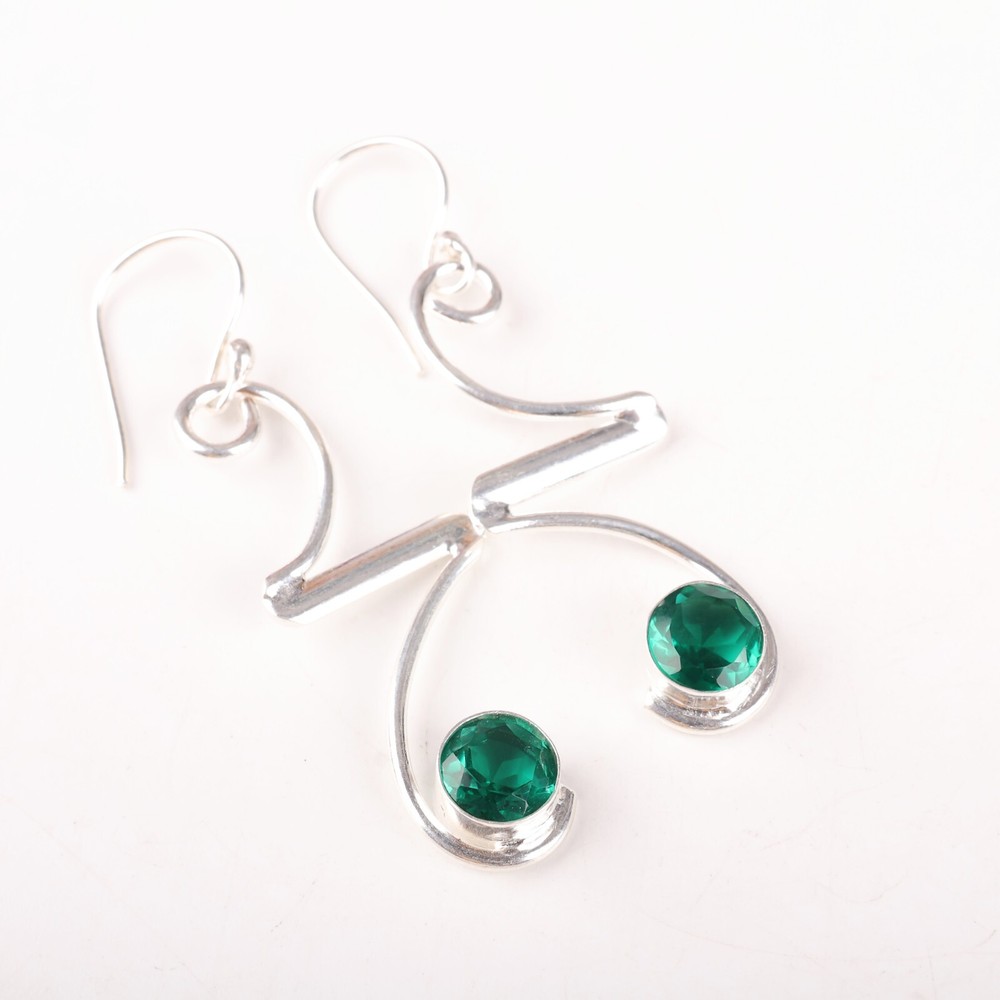 Natural Green Emerald Gemstone Dangle Earrings in 925 Sterling Silver for Women