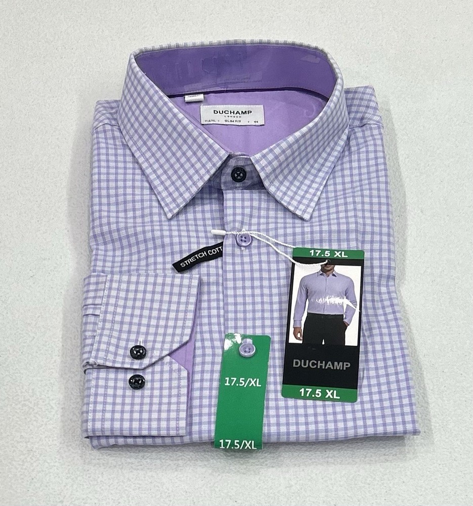 Duchamp London Men's Slim Fit Cotton Stretch Shirt, Purple, Size 17.5 XL