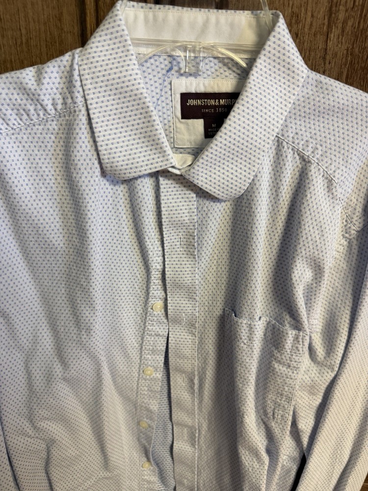 Johnston & Murphy White Blue Geometric Dress Shirt M Long Sleeve Point Collar