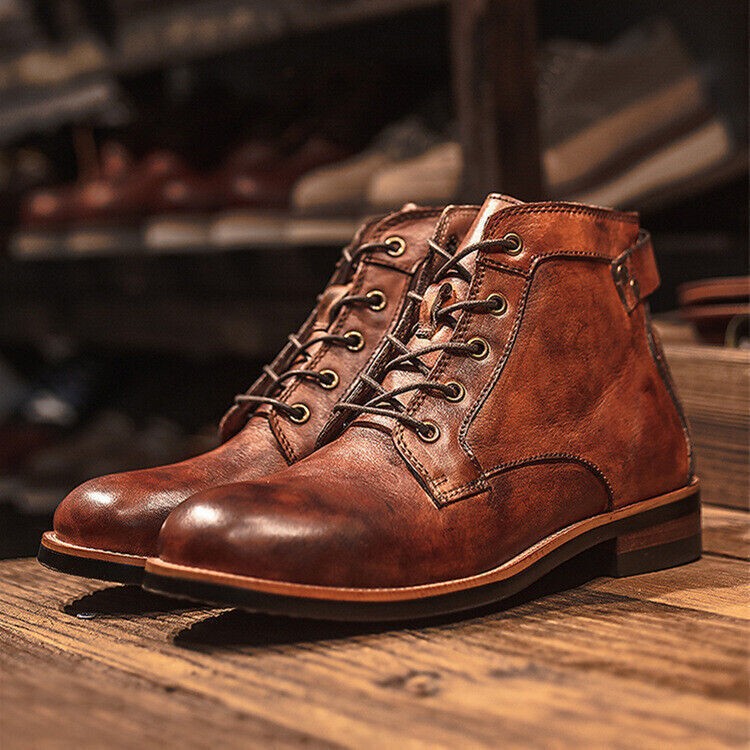 Mens Male Boots Lace-Up High Faux Leather Shoes Dress Business Working Brown