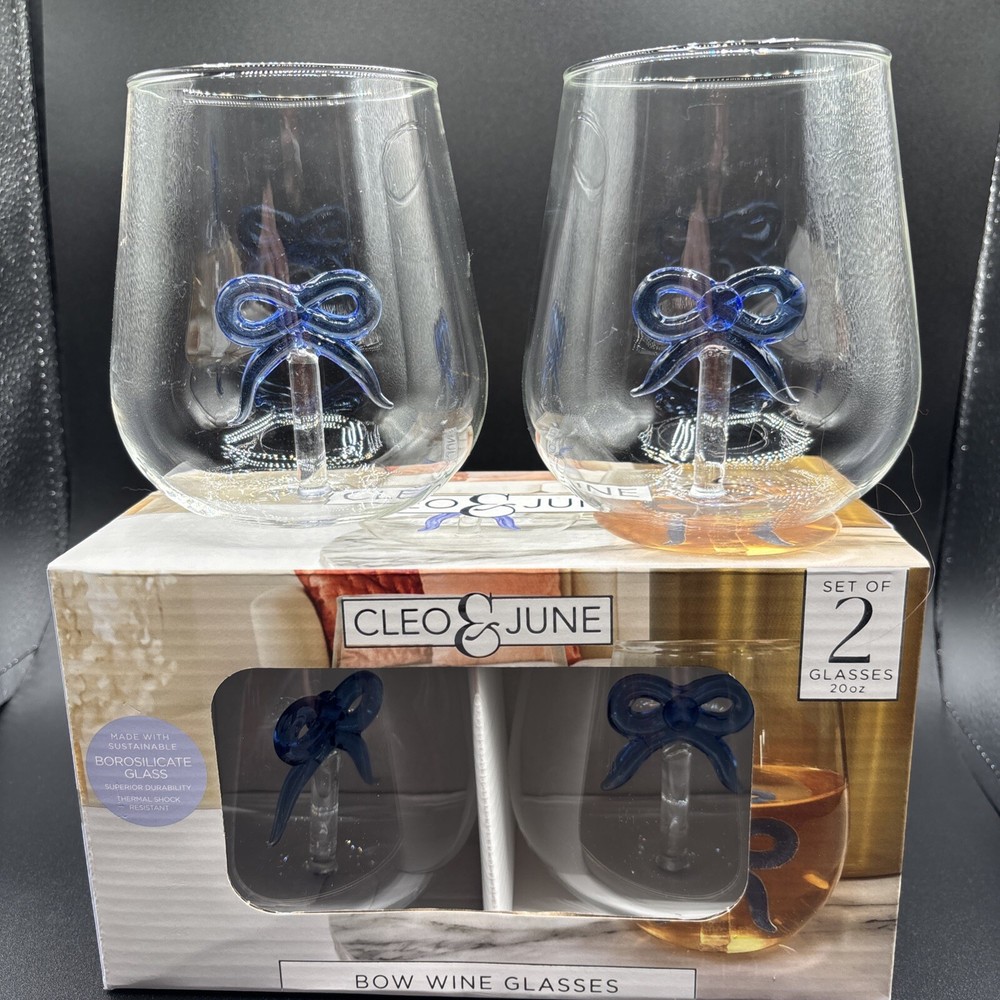 Cleo & June Blue Bow Stemless Wine Glasses Set of 4 New In Box