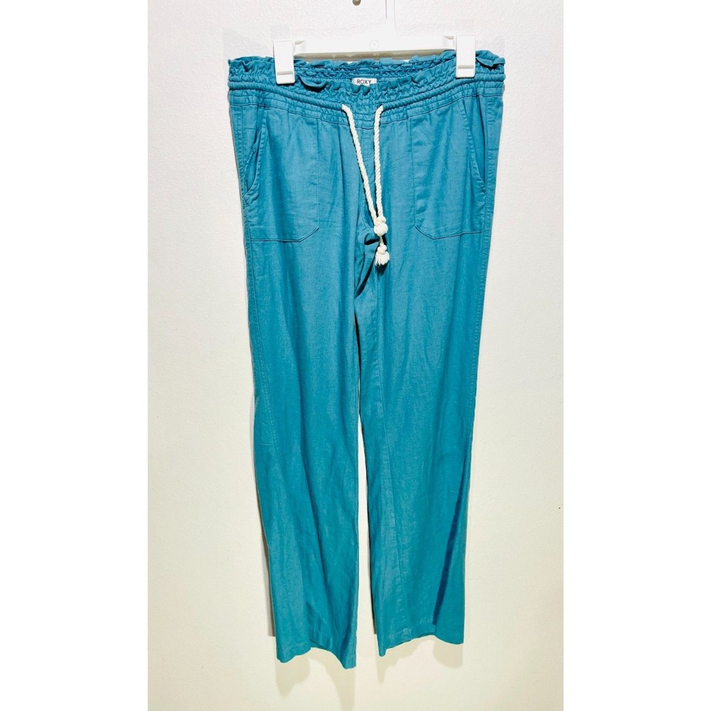 Roxy linen blend pull on pants drawstring blue pockets beach vacation women's M
