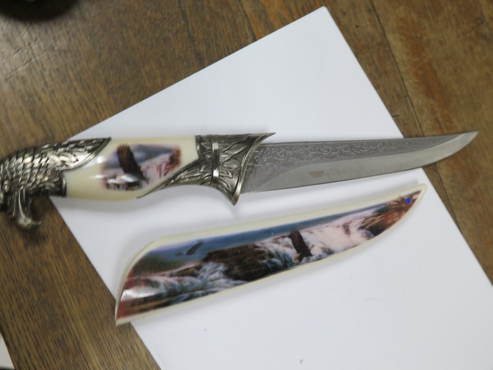 KKC Eagle Fixed Blade Vintage Etched Knife with Cover