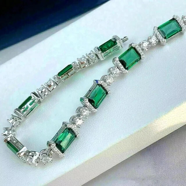 14Ct Emerald Cut Created Emerald & Diamond Tennis Bracelet 14K White Gold Plated