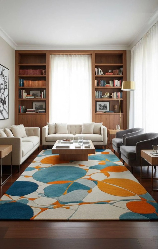 Modern Abstract Hand Tufted Rug | Teal Blue & Orange Geometric Area Carpet | Con
