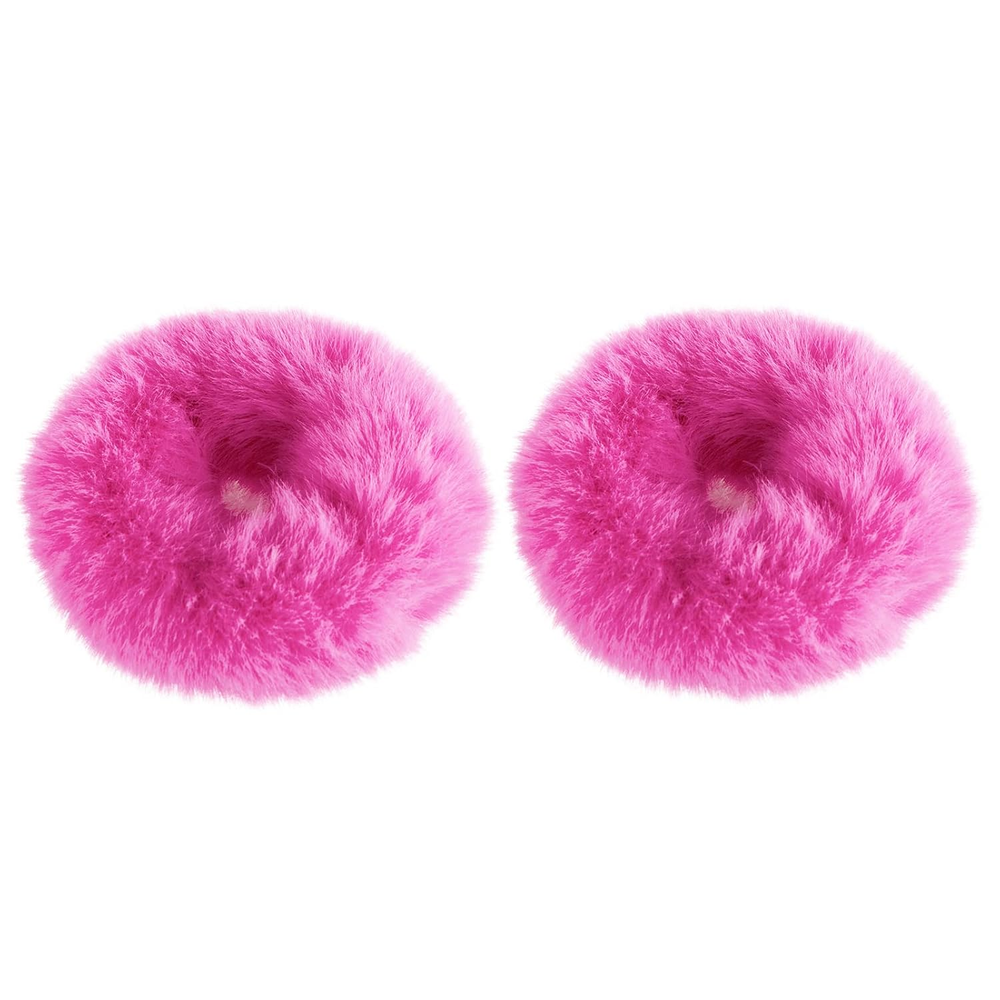 2 PCS Fuzzy Hot Pink Pom Pom Scrunchies Faux Rabbit Hair Ties